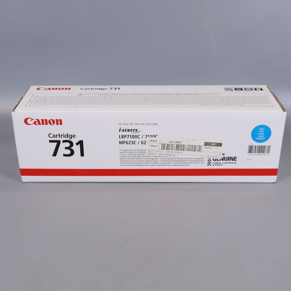 Canon 731 cyan tonerpatron i originalförpackning på vit bakgrund