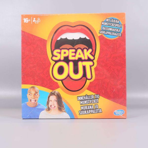 Framsidan av Speak Out-spelask med stora ritade läppar