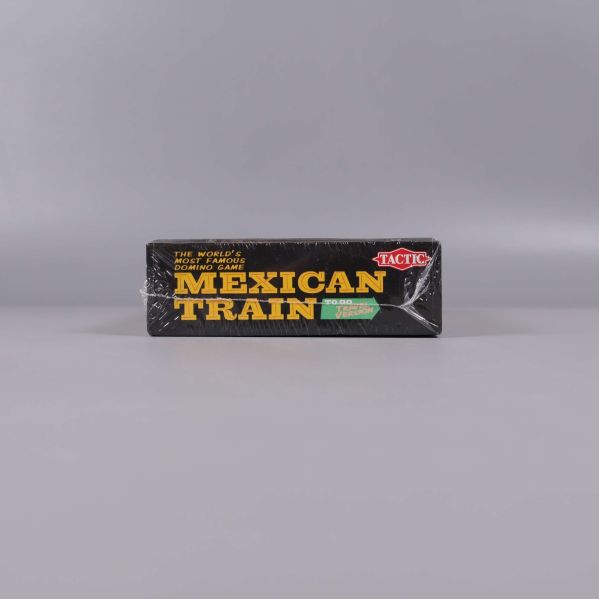 Ovandelen av Mexican Train domino-ask med produktnamn