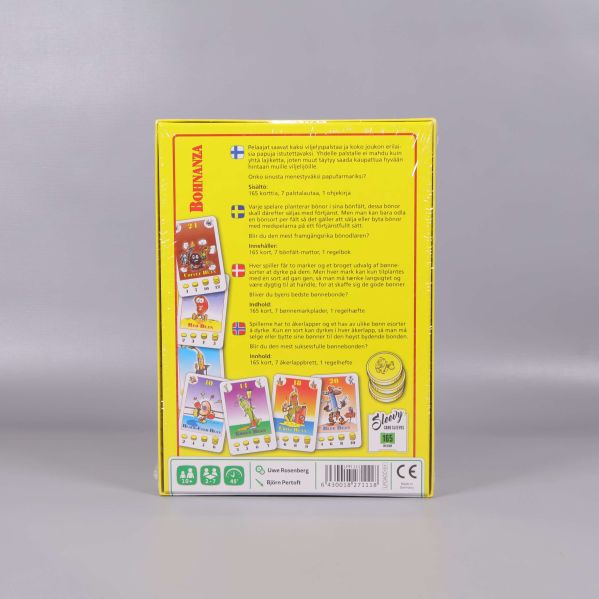Baksidan av Bohnanza-spel med spelinformation och kortillustrationer