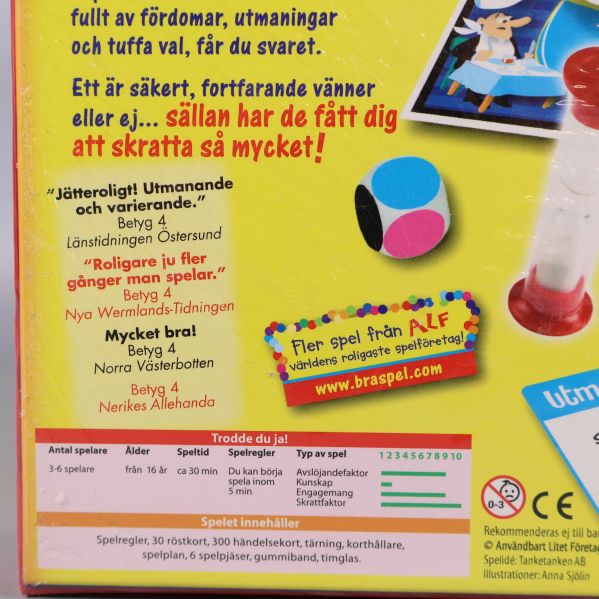 Närbild på baksidan av Trodde du ja som visar antal spelare och recensioner