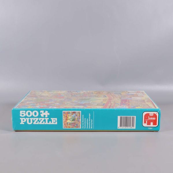 Sidoetikett på pusselask med 500 bitar och Jumbo-logo