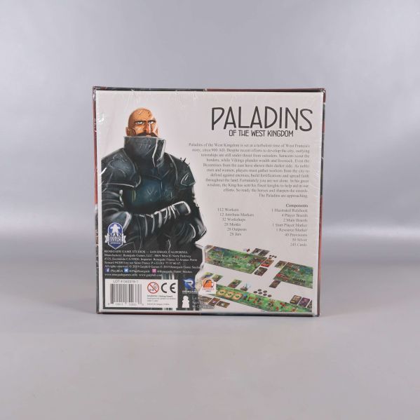 Baksidan av spelarbox Paladins of the West Kingdom med komponentöversikt