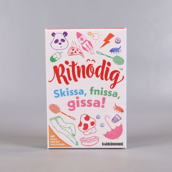 Framsidan av sällskapsspelet Ritnödig med färgglada illustrationer