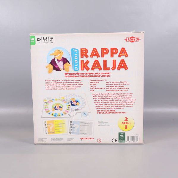 Baksida av spelet med spelbeskrivning och exempel på spelplan och kort