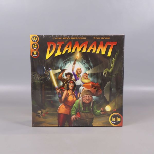 Framsidan av Diamant brädspel med färgstark illustration