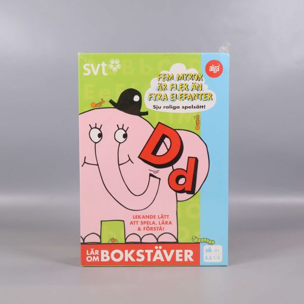 Framsidan av Lär om bokstäver med en rosa elefant och bokstaven Dd