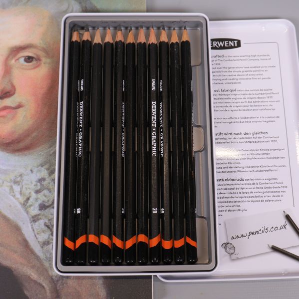 Närbild av Derwent grafitpennor i plåtask med instruktioner