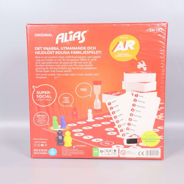 Baksidan av Alias original visar spelets innehåll och spelförklaring
