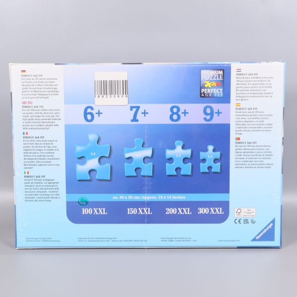 Baksidan av pusselasken med storleks- och åldersrekommendation
