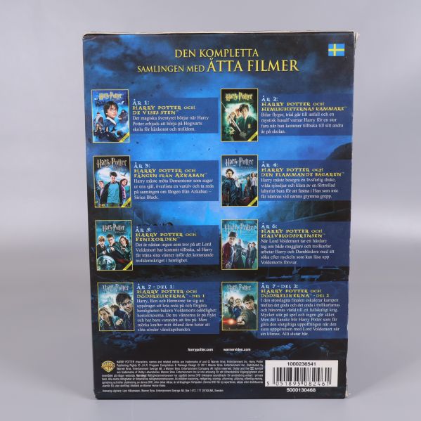 Baksidan av Harry Potter dvd-boxen visar alla åtta filmer