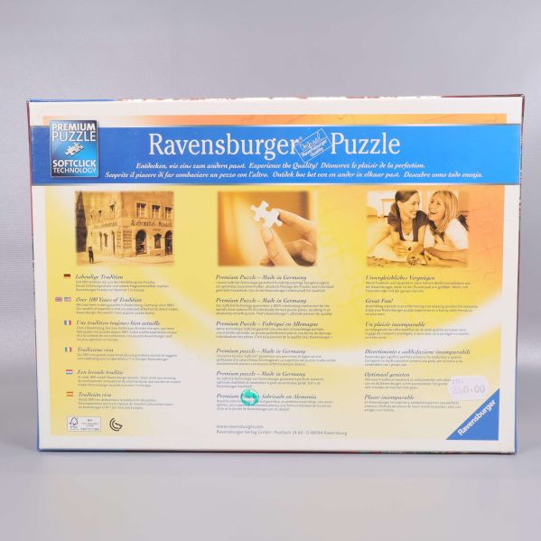 Baksidan av pussellåda Ravensburger med beskrivningar och bilder