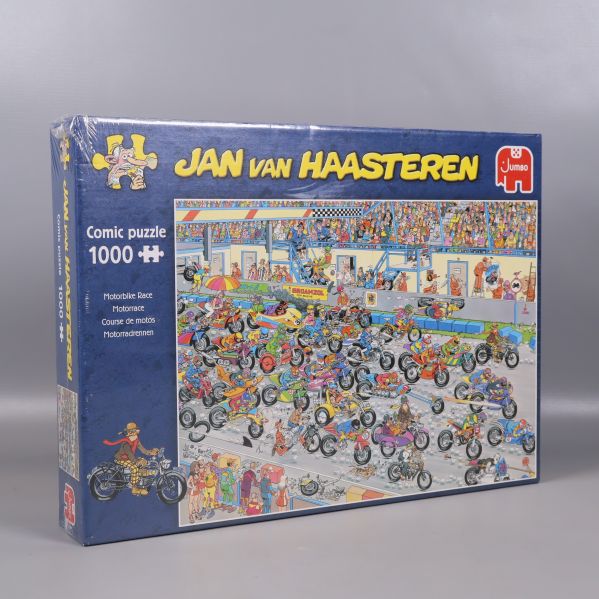 Framsidan av pusselboxen med humoristiskt motorcykelmotiv