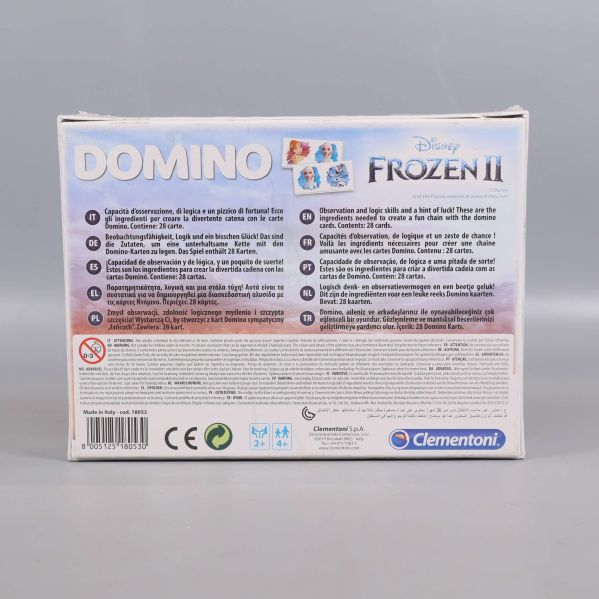 Baksidan av Frozen II dominoförpackning med spelbeskrivning
