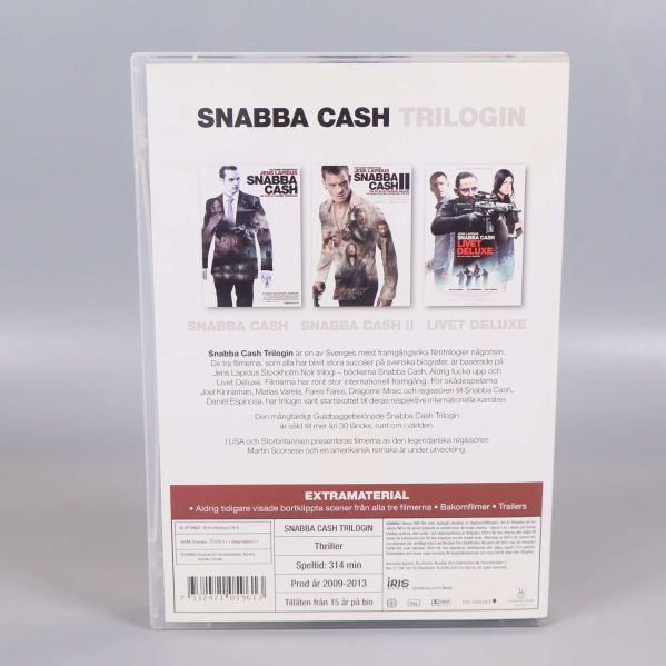 Baksidan av Snabba Cash Trilogin DVD-box med filmbeskrivningar