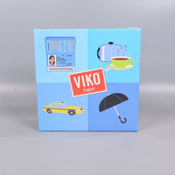 Framsidan av VIKO English-lådan med färgglada illustrationer