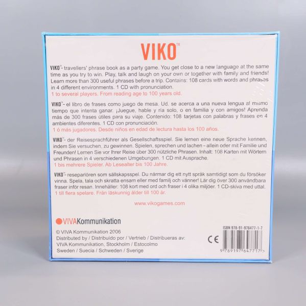 Baksidan av VIKO English-lådan med produktinformation på flera språk