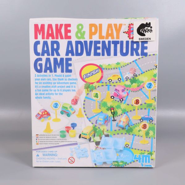 Framsida av Make & Play Car Adventure Game med färgglad spelplan