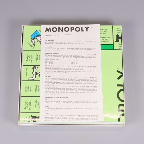 Monopoly-spelplan och spelregler synliga i öppen låda