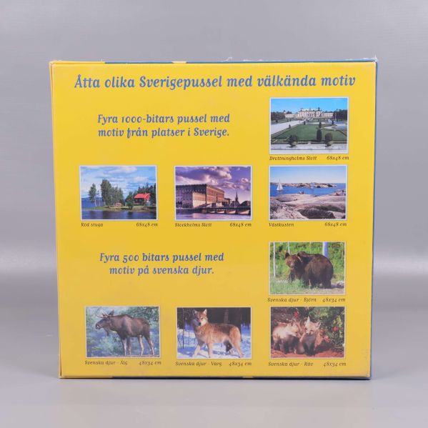 Baksida av pussellåda med olika svenska motiv och djur