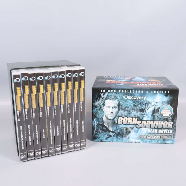 Born Survivor box och hela DVD-serien uppställda