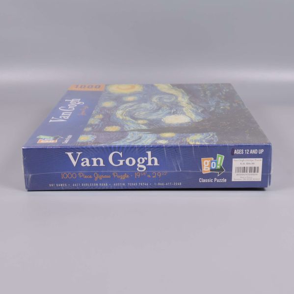 Sida av pussellåda med Van Gogh text och 1000 bitar