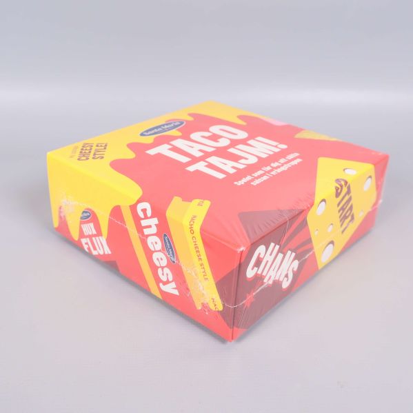 Taco Tajm ask med texten cheesy, chans och smarrig design