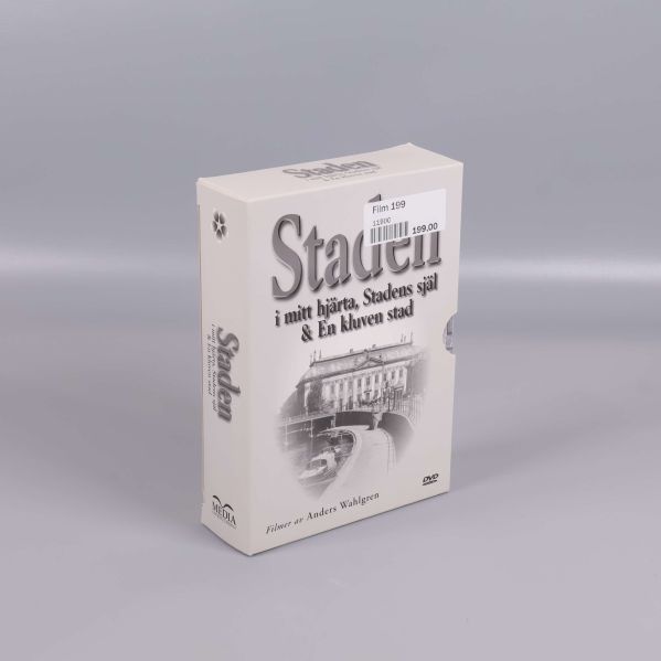 DVD-box med svartvit design och stadsmotiv