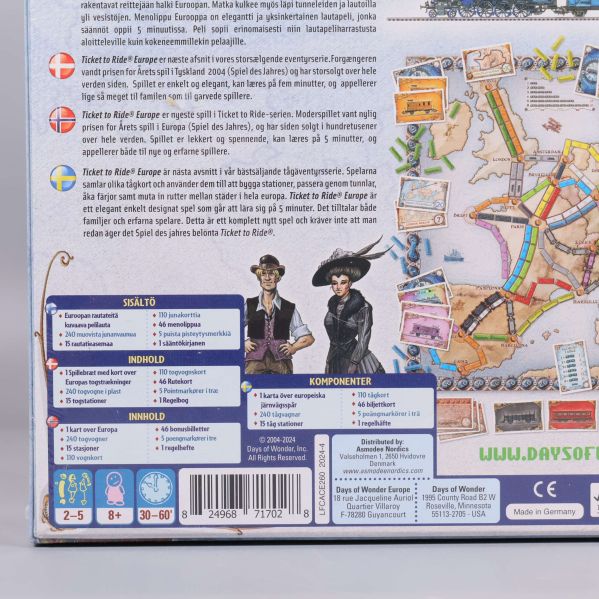 Närbild på Ticket to Ride Europe baksida med spelinfo