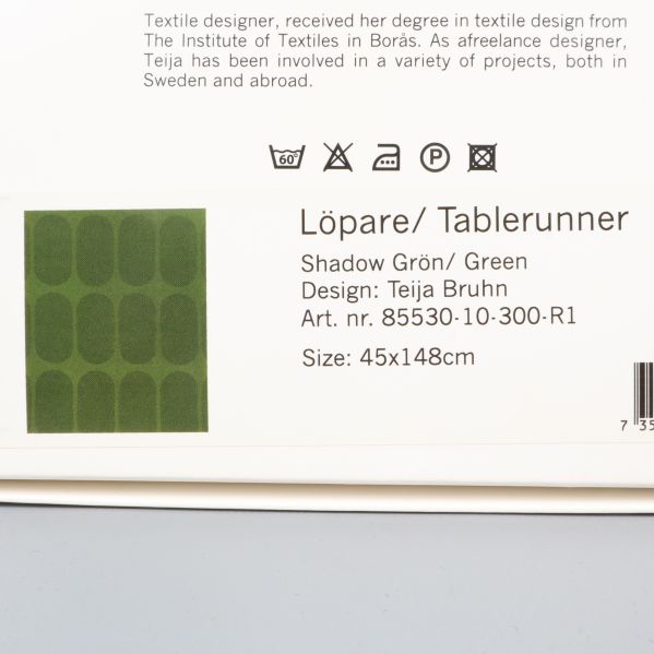 Information om löpare Shadow grön, design Teija Bruhn