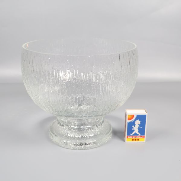 Glasskål bredvid tändsticksask för storleksjämförelse