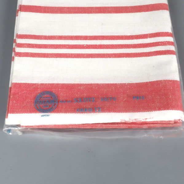 Närbild på nedre del av kökshandduken med röd kant