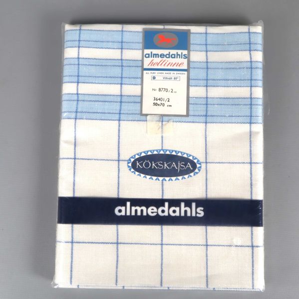 Kökshandduk i originalförpackning med blårutigt mönster