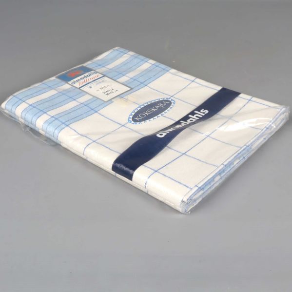 Kökshandduk med blå rutmönster sedd från sidan