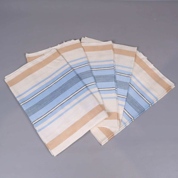 Fyra hopvikta randiga kökshanddukar i blått och beige