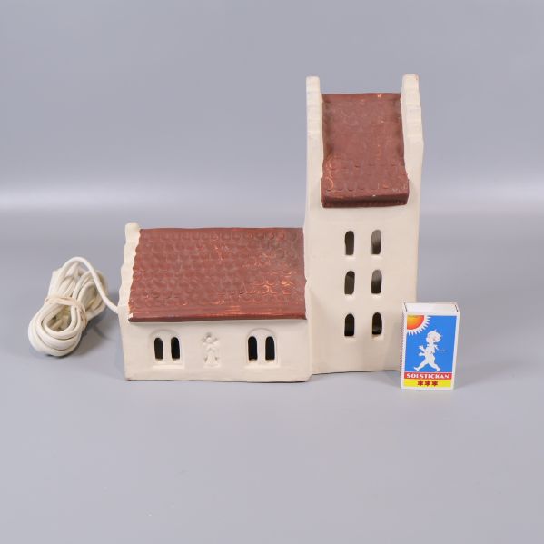 Keramikhus med tändsticksask för storleksjämförelse