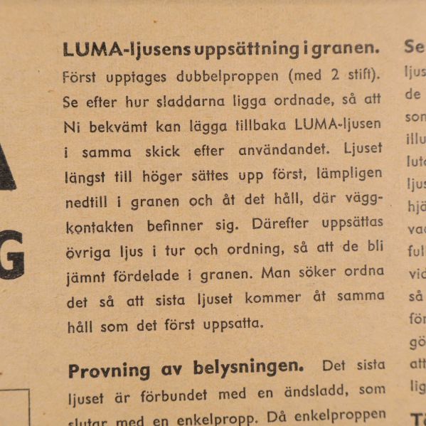 Instruktionstext om LUMA-ljusens uppsättning och belysning