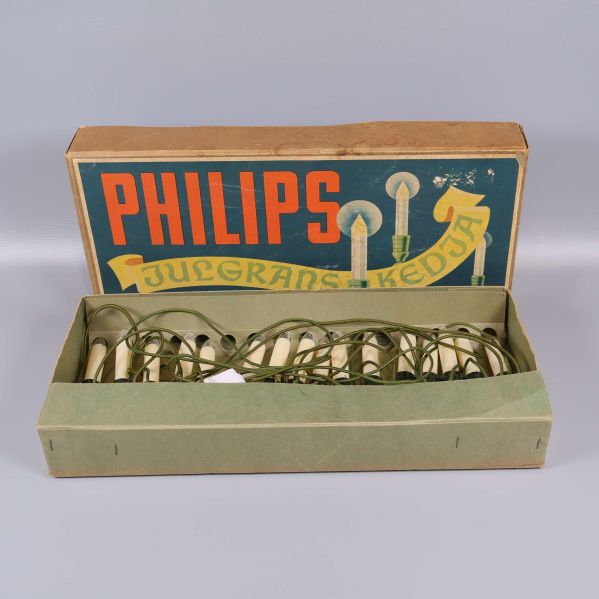 Originalkartong från Philips med julgransslinga synlig i låda