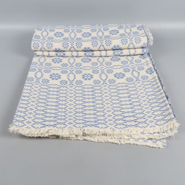 Halvt utvecklad duk med blå drällmönster