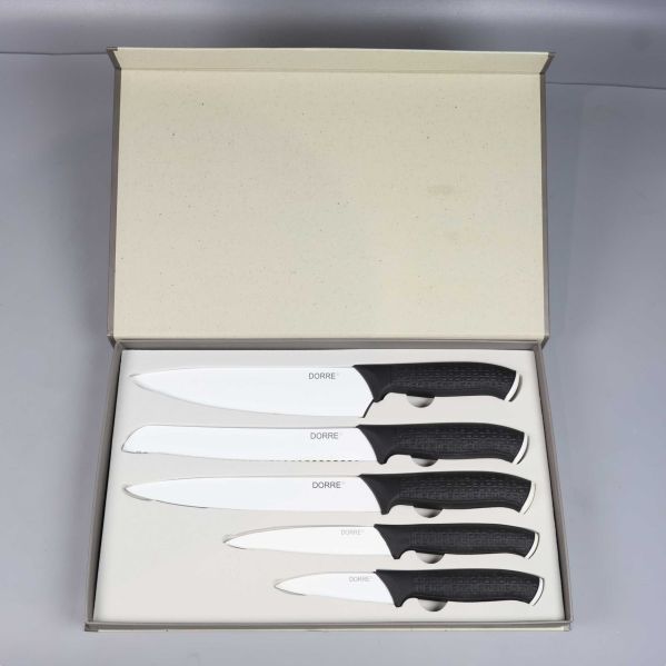 Femdelat knivset med vita blad och svarta handtag i ask