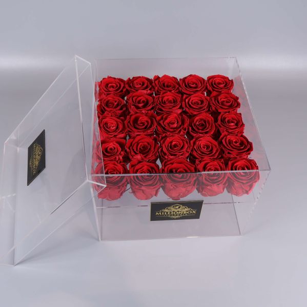 Rosbox ovanifrån med öppet lock och rosor synliga