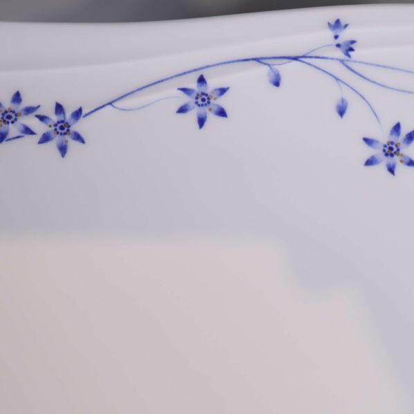 Närbild på blå blomdekor på vit tallriksyta
