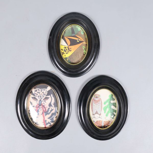 Tre svarta ramar med olika fågelmotiv ligger på rad