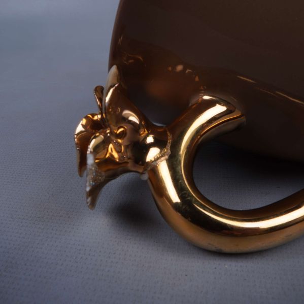 Närbild på guldfärgat handtag och blomdekor med spricka under blomman
