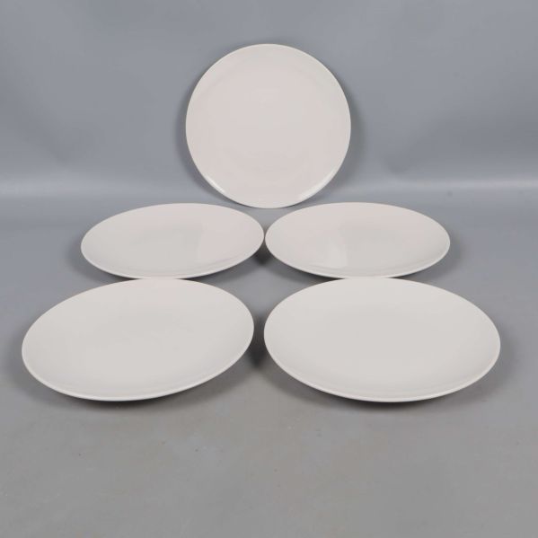 Fem vita tallrikar utspridda på grå yta