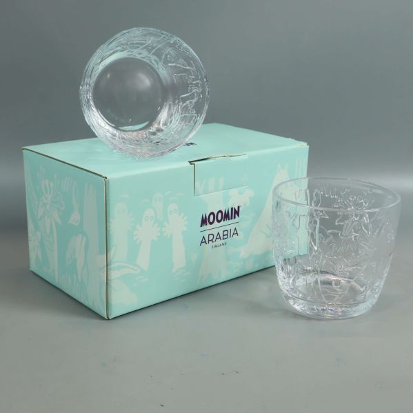 Två Mumin-glas och originalförpackning från Arabia