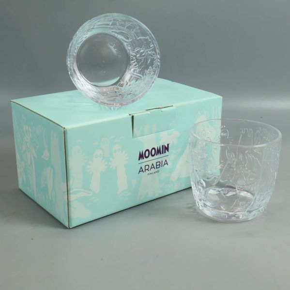 Två mumin glas med originalförpackning från Arabia