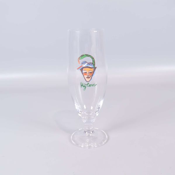 Helt ölglas med färgglad maskillustration och text