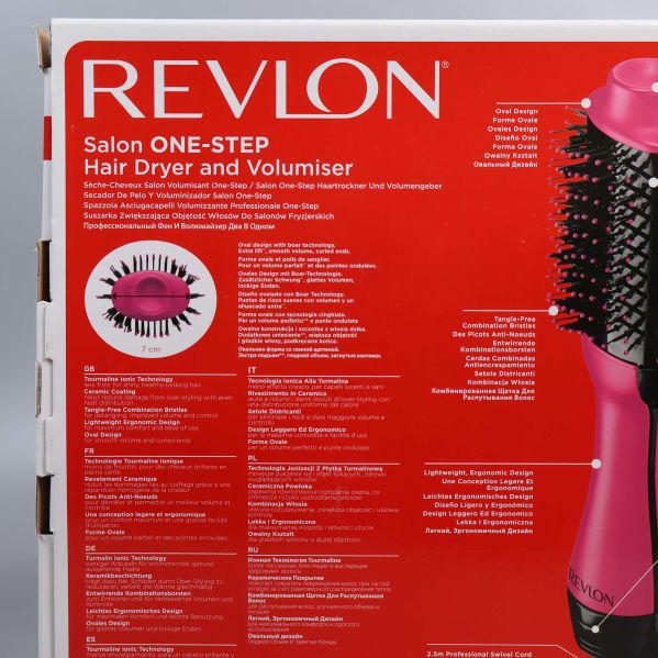 Närbild på baksidan av Revlon-volymborstens förpackning