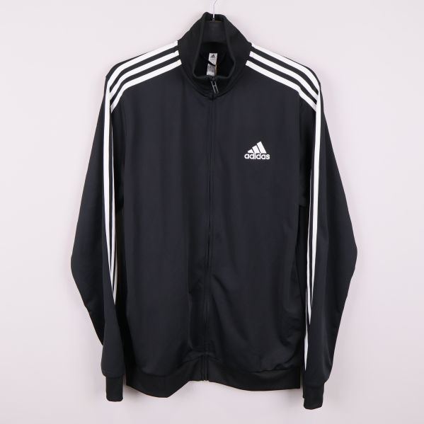 Svart adidas ziptröja med vita ränder framifrån